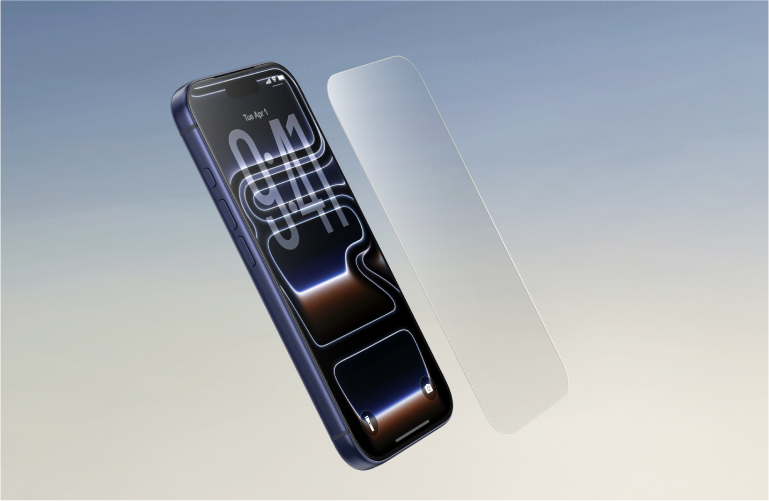 智能手機前方懸浮著螢幕保護貼，表示貼上 Belkin 螢幕保護配件。