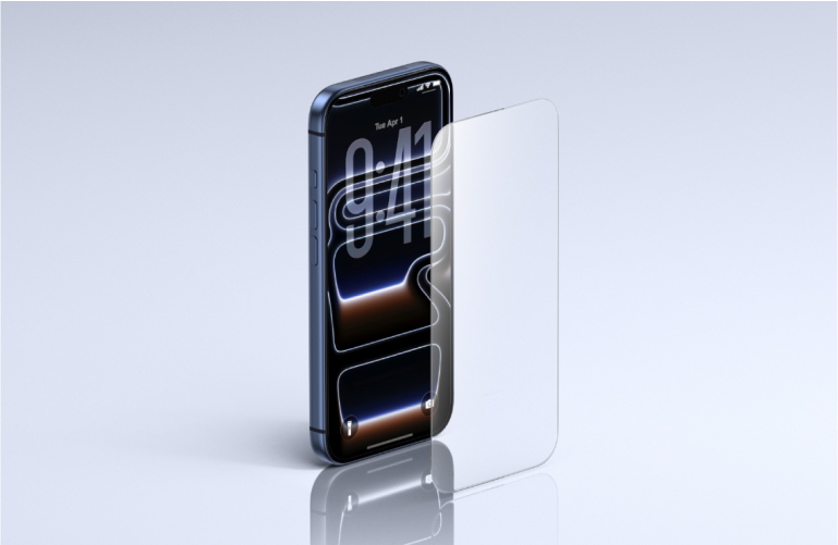 螢幕保護貼與 iPhone 對齊，準備貼膜，頂級的 Belkin 鋼化玻璃螢幕保護貼專為 iPhone 設計，提供全螢幕清晰畫面和進階防刮保護。