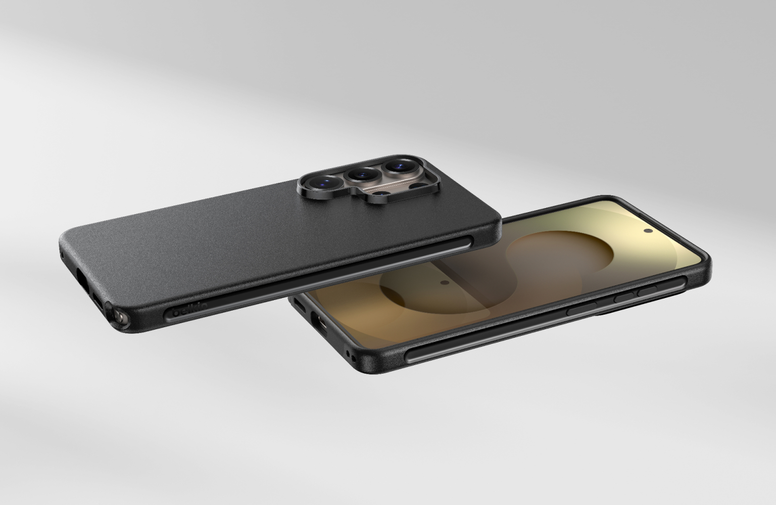 Two smartphones shown partially separated, one face down and one face up, both in slim black protective cases, highlighting full device coverage and camera protection.