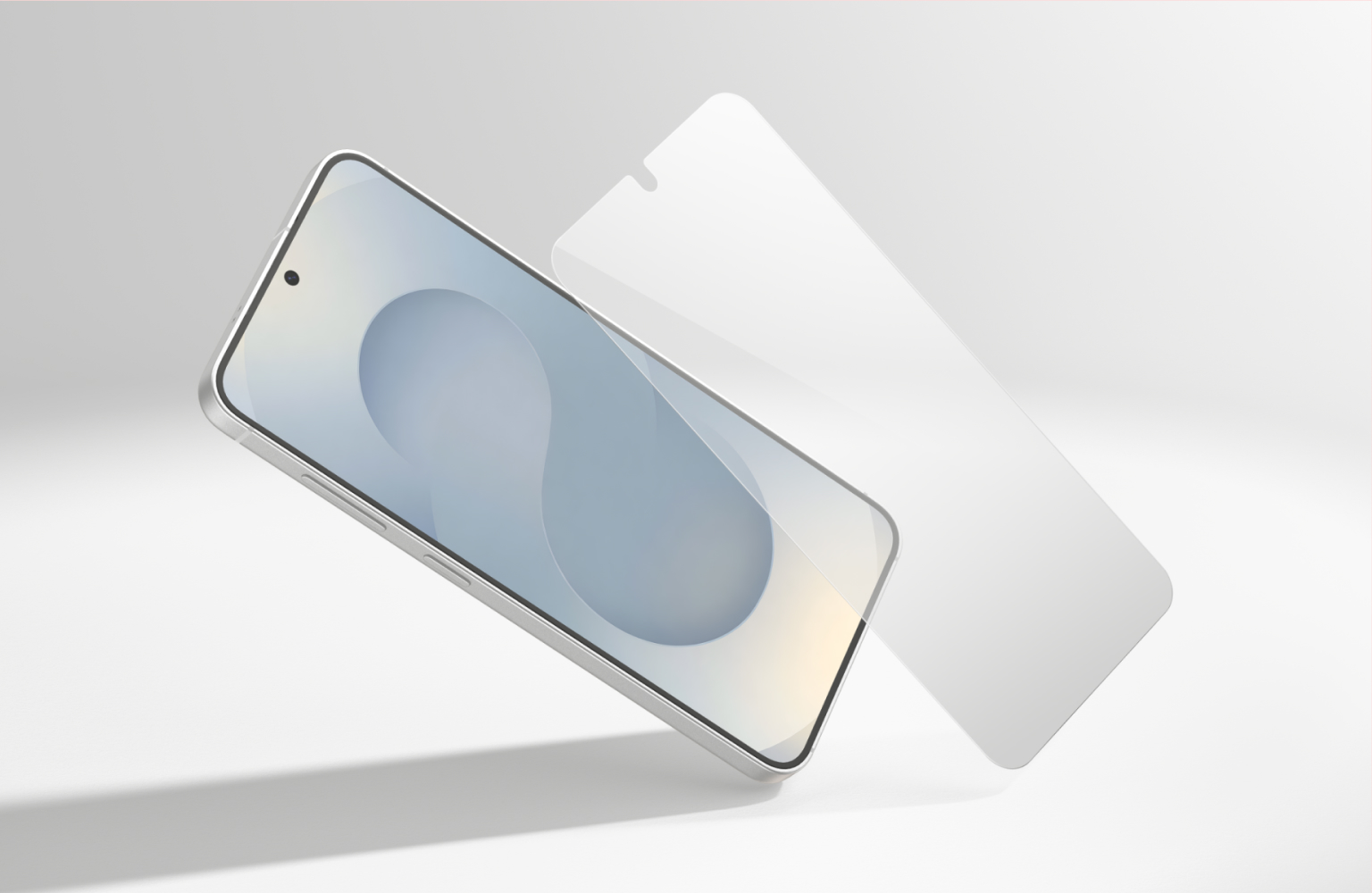 Angled smartphone with a transparent screen protector floating just above the display, illustrating precise alignment and full-screen protection.