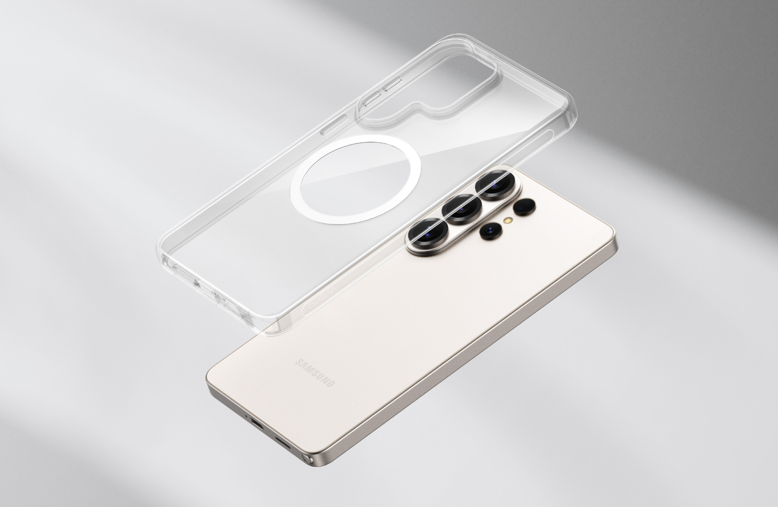 Clear protective phone case floating above the back of a Samsung smartphone, highlighting camera cutouts and a magnetic charging ring.