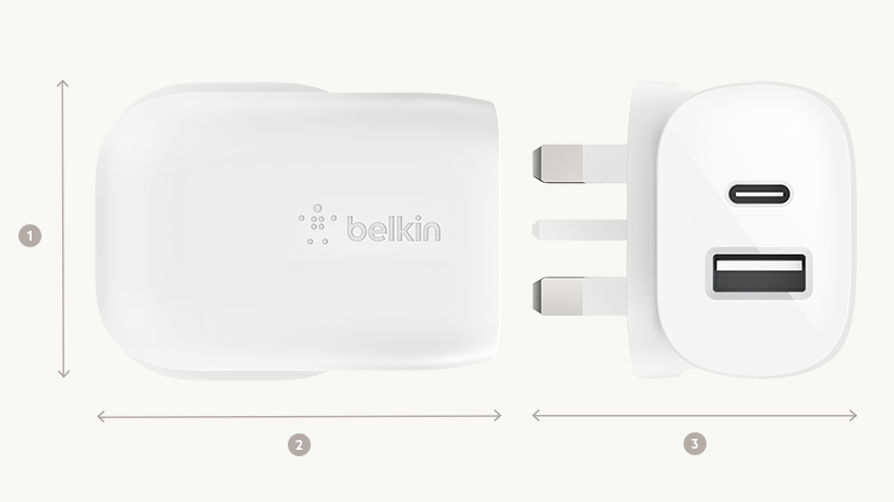 54.2 x 41.5 x 23 毫米/2.13 x 1.63 x 0.9 吋 (不包括插腳) BOOST↑CHARGE 家用充電器尺寸圖