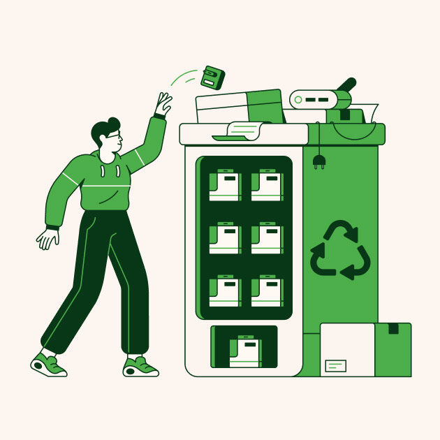 Illustration of a person recycling electronic devices by tossing a used item into a large green e-waste recycling station filled with electronics and packaging, symbolizing sustainable tech disposal.