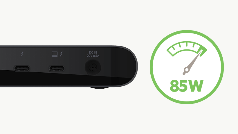 提供高達 85 瓦特的功率 Belkin Thunderbolt 3 Dock Pro,上有 85 瓦特圖示