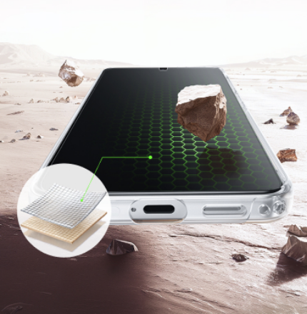 Smartphone lying on a rocky surface with stones suspended above the screen, illustrating impact protection, with a close-up inset showing layered Nano-Titan material reinforcing the display.