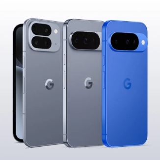 Google Pixel 10 series smartphones displayed in three colors&mdash;silver, gray, and blue&mdash;showcasing the back design with camera modules and the Google logo.