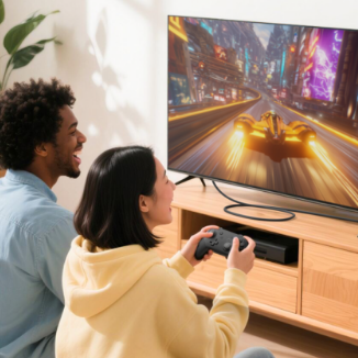 A couple sitting on a couch in a bright, modern living room playing a high-speed racing game on a large TV, with a gaming console connected and controllers in hand.
