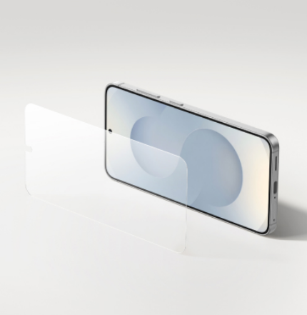 Smartphone displayed in landscape orientation with a transparent screen protector positioned in front, highlighting thin, clear screen protection design.